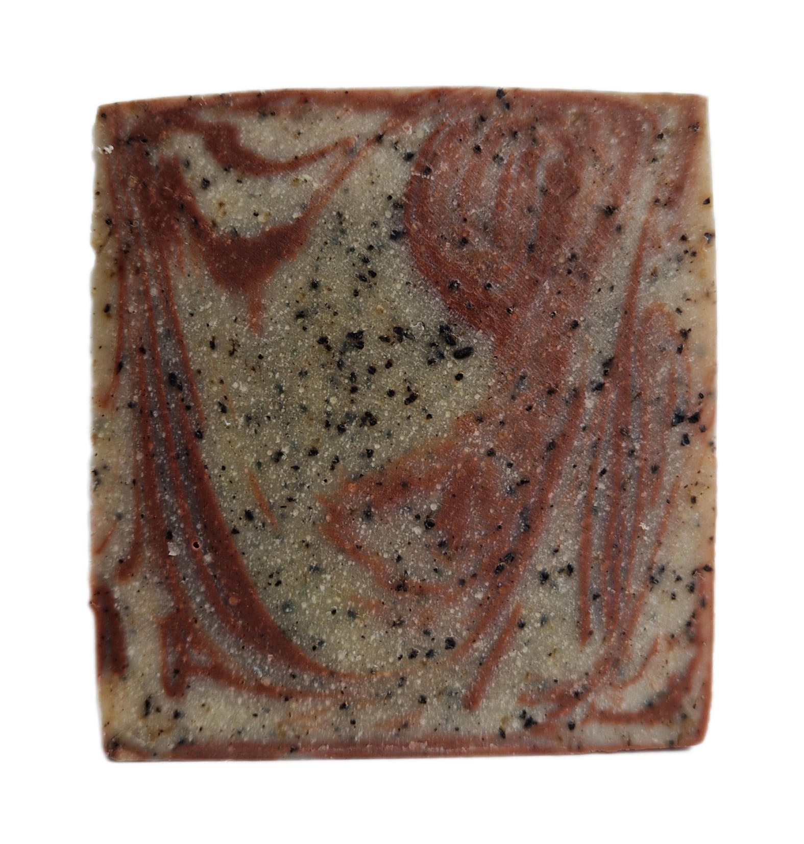 Vierkante zeepbar, lichtbruin en roodbruin gemarmerd van kleur met kleine zwarte spikkels.