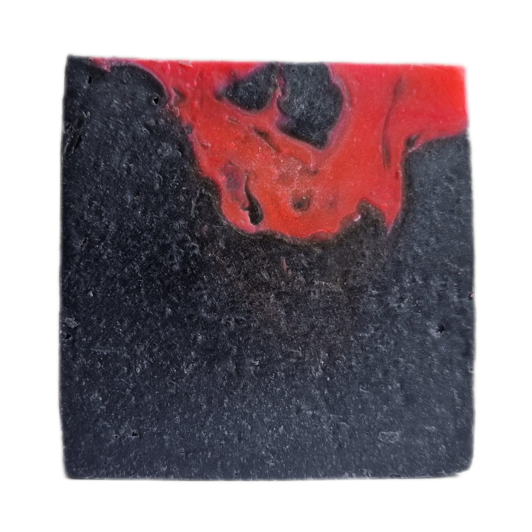 Vierkante zeepbar, zwart en neonroze gemarmerd van kleur.